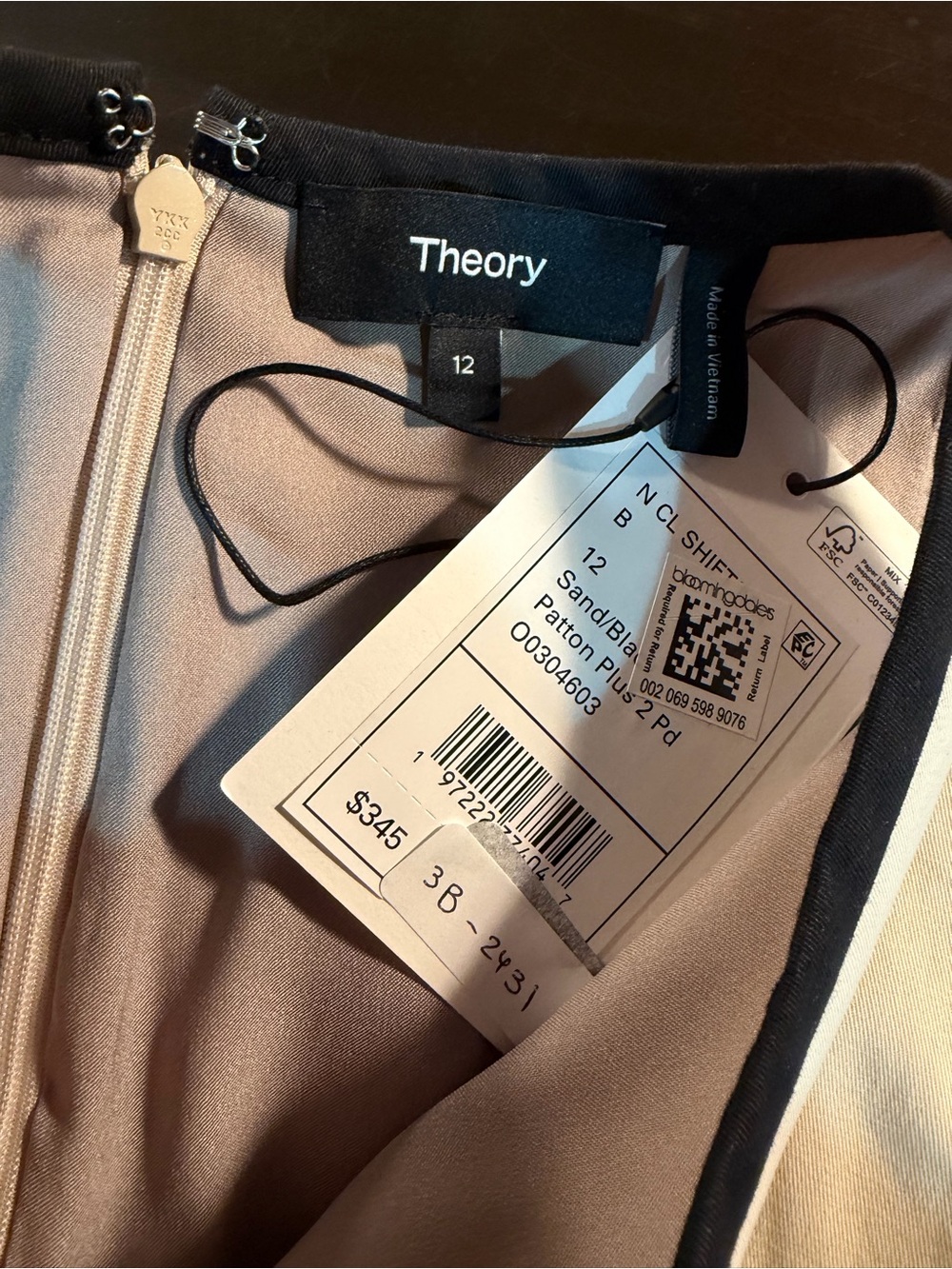NWT Theory ‘Shift Dress in Organic Cotton’ in “Sand/Black” Size 12 - Picture 6 of 16